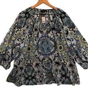 Lane Bryant 3/4-Sleeve Notch-Neck Tie-Front Blouse Blue Green Size 26/28 NWT - Picture 1 of 11