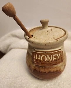 Vintage Stoneware Hand Spun Speckled Pottery Honey Pot Brown Tan Honey Dripper - Picture 1 of 9