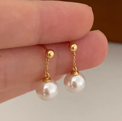 Natural AAA south sea 8-9mm white round pearl earrings 14k Gold dangle earring - Image 1 of 4