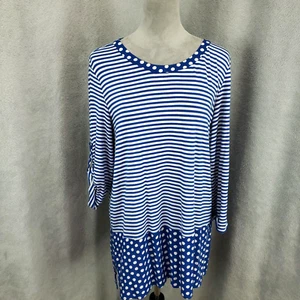 Ali Miles Artsy Top Womens Size Medium Blue White Polka Dots Multi Print Stripes - Picture 1 of 10