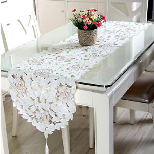 White Table Runner Vintage Embroidered Lace Doilies Mat Wedding Party Home Decor