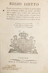 Regio Editto accrescimento capitale 4 milioni lire di Piemonte al Monte - 1793 - Picture 1 of 1