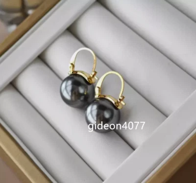 Huge AAA 14MM PERFECT black south sea round shell pearl earrings 14K GOLD MARKED - Image 1 of 4