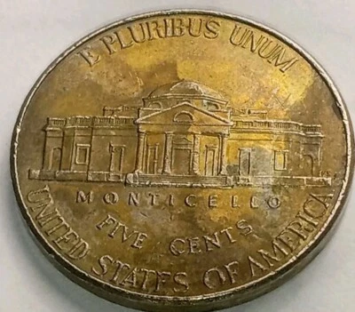 2014 P Yellow Toning Mint Defect Obv&Rev Jefferson Nickel Coin,Free Shipping!!! - Image 1 of 2