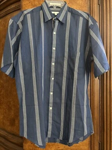 VTG EUC Perry Ellis Mens Short Sleeve Striped Shirt Linen Blend Small Blue/White - Picture 1 of 9