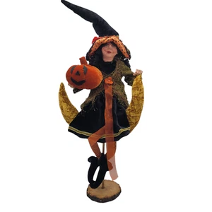 Halloween Witch Soft Sculpture Doll on Crescent Moon with Pumpkin on Stand - Picture 1 of 12