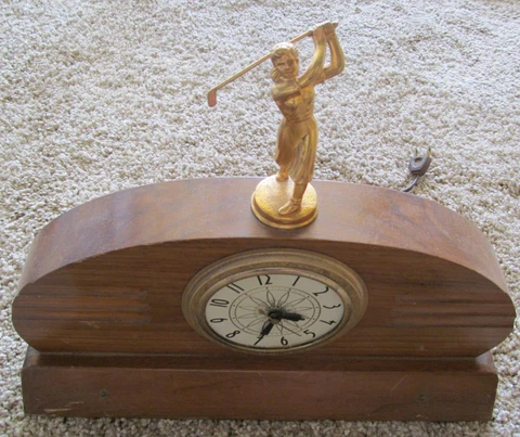 OLDER WOOD MANTLE CLOCK TROPHY WITH WOMAN GOLFER  CLOCK STILL WORKS Cover