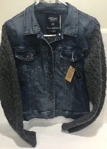 Chaqueta de Jean Silver Jeans Co. Azul Denim con Mangas Tejidas Grises Talla Grande Nueva con Etiquetas - Imagen 1 de 6