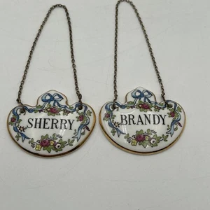 Set Of 2 VTG Crown Staffordshire Bone China Decanter Bottle Tags Brandy/Sherry - Picture 1 of 9