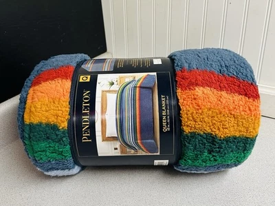 Pendleton Sherpa Fleece Blanket Plush Manta Queen 98”x92” Serape Stripe Blue New