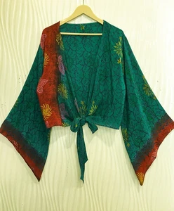 Seide Wickel Top Bindebluse Boho Crop Tops Kleid Mädchen Frau Kleidung grün PSW1777 - Bild 1 von 8