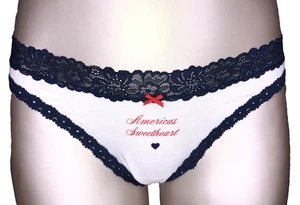 Victoria's Secret PINK NWT Small White Thong Panty America's Sweetheart Lace Bow - Picture 1 of 10