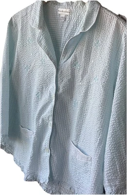 Chaqueta De Colección Miss Elaine Azul Seersucker Cama Bordada Encaje Bordado Bolsillos Talla L Foto 1 de 3