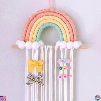 Rainbow Macrame Hair Bow Organizer Holder for Girls - Woven Clip Hanger Decor - Image 1 of 4