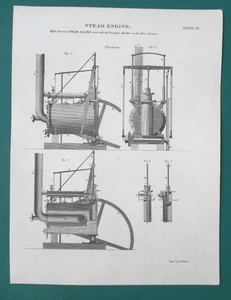 DAMPFMASCHINE Hochdruck 6 PS zum Baggern der Themse - 1822 Print A. Rees - Bild 1 von 3