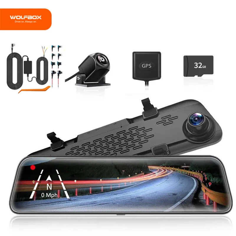 WOLFBOX 4K Mirror Dual Dash Camera Front and Rear Dash Cam GPS With 32GB SD Card