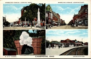 Postal de colección Cambridge Ohio OH Wheeling Avenue B&O Tunnel Union Station años 20 - Imagen 1 de 2