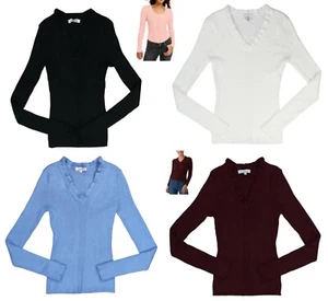 Hooked Up Solid Color Ribbed Knit Ruffled V-Neck Long Sleeve Juniors Top NWT - Picture 1 of 5