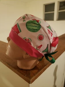 SUMMERTIME WATERMELLON WITH PINK BAND pixie style surgical scrub hats - Picture 1 of 2