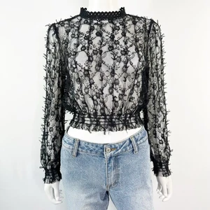 Black Sheer Lace Cropped Blouse Top Size M Goth Whimsigoth Victorian Witchcore - Picture 1 of 9