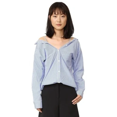 Blusa Theory Mujer Tamalee Dalton Tiras Azul Blanco Hombro Frío Rayas Talla S Foto 1 de 4
