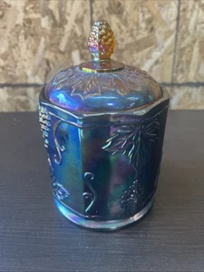 Indiana Iridescent Blue Carnival Glass Harvest Grape Canister with Lid 7" - Picture 1 of 5