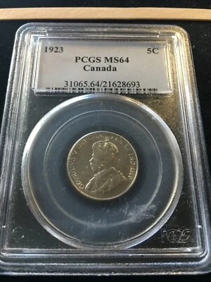 1923  PCGS Graded Canadian,  5 Cent, **MS-64**..  - Image 1 of 4