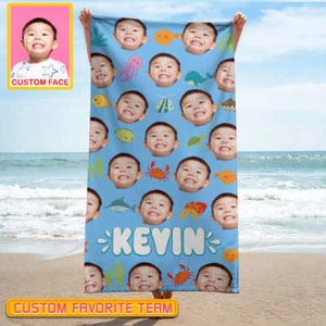 Personalized Name & Photo Boy Custom Face Sea Animals Ocean Animals Beach Towel - Picture 1 of 6