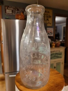 TREQ UNXLD Diary C W Laton Unexcelled Dairies Farm Quart Embossed Milk Bottle - Picture 1 of 12