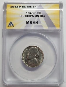1943 P Jefferson Silver War Nickel Die Chips On Reverse MS64 ANACS - Picture 1 of 4