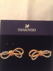 Swarovski White Crystals Lifelong Large Bow Earrings Rose Gold Plate100% Authent