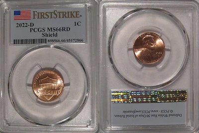 2022 D Lincoln SHIELD centavo 1c PCGS MS66RD FIRST STRIKE - Imagem 1 de 2