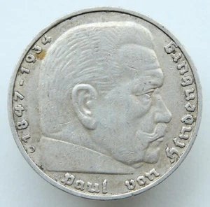 1936 GERMANY MARK J DEUTSCHES REICH SILVER COIN HINDENBURG - Picture 1 of 2