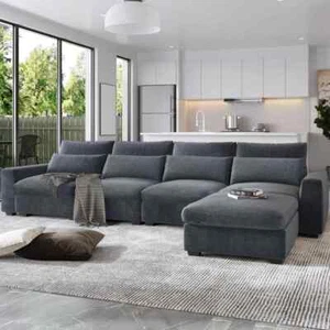 Modern Nordic Style Dark Grey Minimalist Sofa Living Room L-Shape Couch Linen - Picture 1 of 5