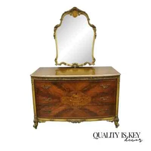 Antique French Louis XV Floral Satinwood Inlay Mahogany Chest Dresser & Mirror - Picture 1 of 12
