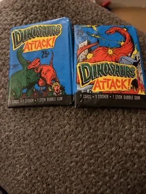 Dinosaurs Attack! Cards, Topps 1988, 2 packs = 10 Cards - 2 Sticker - 2 Gum - Image 1 of 2