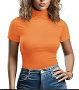 Neu Zengjo Orange Kurzarm Rollkragen Damen M - Bild 1 von 3