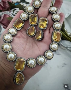 Indian Pakistan Goldplated American Diamond Necklace Set Yellow Pearl - Picture 1 of 1