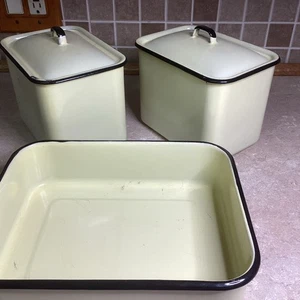 3 PC -Vintage Enamel Refrigerator Storage Boxes 5” X 7 1/2” & Tray- YELLOW - Picture 1 of 9