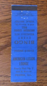FRATERNAL AMERICAN LEGION STREICHHOLZBUCHHÜLLE: PEORIA, ILLINOIS LEERES STREICHHOLZCOVER -B9 - Bild 1 von 1