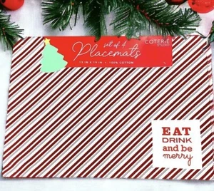 4 NEW Candy Cane Stripe Holiday Placemats Set Red White Christmas Cotton 13x19 - Picture 1 of 1