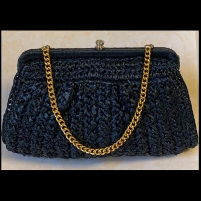 Vtg 1960’s Raffia Straw Hand Bag Black Purse MCM Japan Gold Chain Link Handle - Image 1 of 4