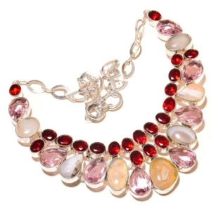 Lace Agate, Pink Quartz, Red Apatite Cut Gemstone Handmade Statement Necklace - Picture 1 of 4
