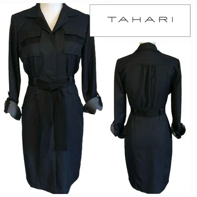 TAHARI Shirt Dress Sz 2 $378 Stretch Blue Denim Look Roll Tab Sleeves Belted - Image 1 of 4