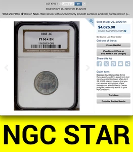 1868 NGC PR66* STAR $4,025 APR for THIS Slab! 600-Minted PROOF Two Cents STAR 2c - Picture 1 of 6