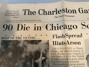 1958 RONT PAGE THE CHARLESTON GAZETTE OF FIRE AT Catholic School 2.12.1958 - Bild 1 von 2
