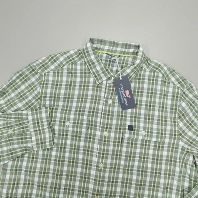 Vineyard Vines 男式 L Performance OTG 格子纽扣泡泡纱衬衫绿色 — 第 1/4 张图片