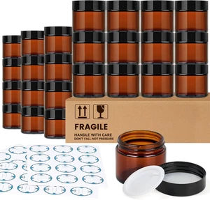 2 Oz Small Amber Glass Jars with Black Lids, 24 Pack Empty Glass Cosmetic Jars w - Picture 1 of 12