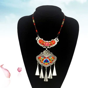 Ethnic Embroidery Necklace Embroidered Flower Pendant Necklace Statement Jewelry - Picture 1 of 12
