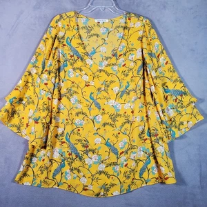 Rose + Olive Top Women 1X Yellow Peacock Floral 3/4 Bell Sleeve Boho Cottagecore - Picture 1 of 7
